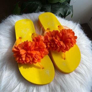 Y2K Yellow Flip Flops with Orange Floral Accent